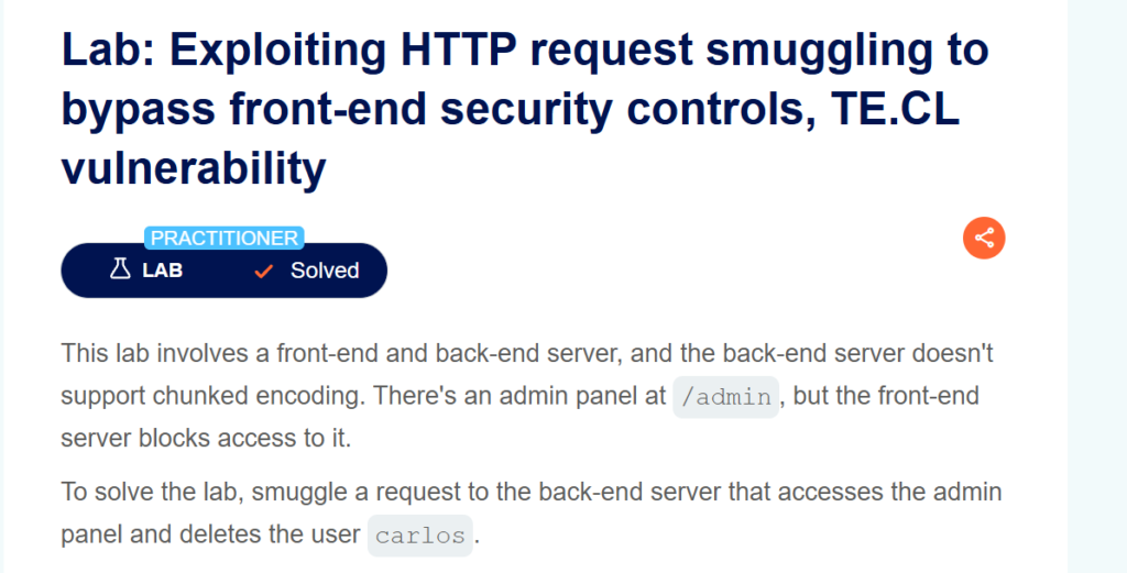 Exploiting HTTP request smuggling to bypass front-end security controls, TE.CL vulnerability